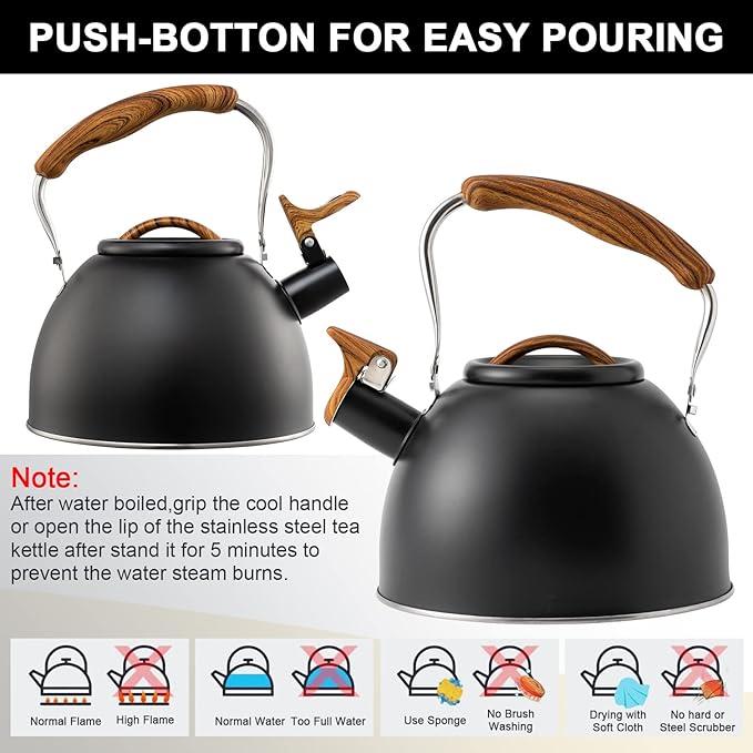 3.2 Quart Whistling Tea Kettle for Stove Top Stainless Steel Tea Pots With Wood Pattern Anti-slip Handle, Black… - Bloomnest