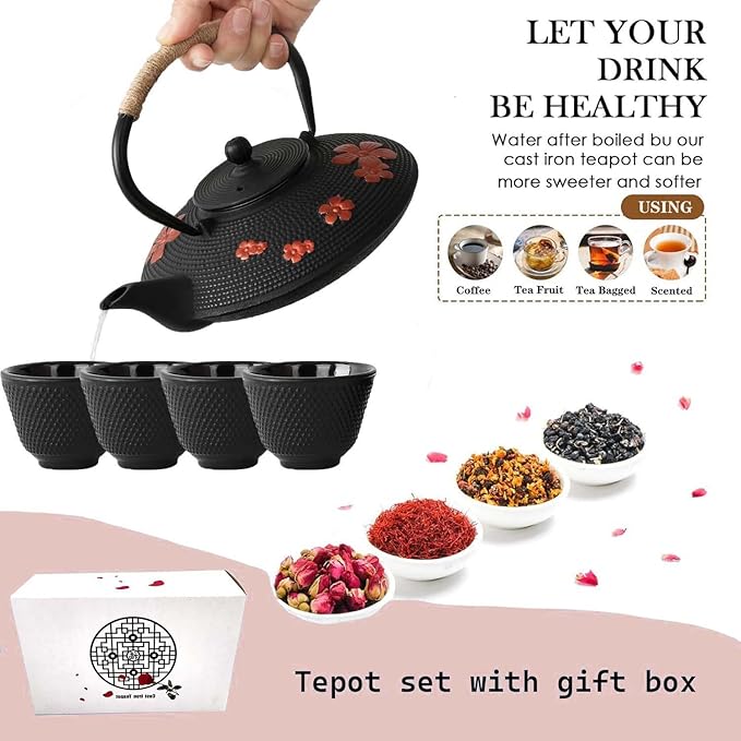 Cast Iron Teapot Set with Gift Pakckage, Pear Flower Tea Pot, Japanese Style Tetsubin Tea Gift Set, 4 Cups, Trivet and Lid Holder