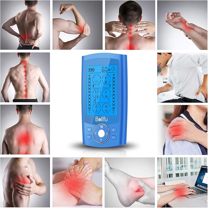 Belifu Dual Channel TENS EMS Unit 24 Modes Muscle Stimulator for Pain Relief Therapy, Electronic Pulse Massager Muscle Massager with 10 Pads, Dust-Proof Drawstring Storage Bag, Fastening Cable Ties Belifu