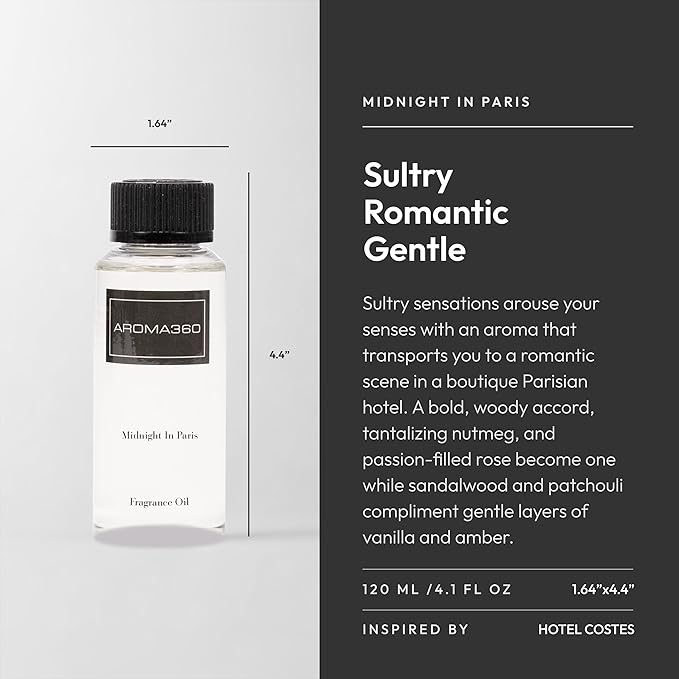 Aroma360 Diffuser Oil - Midnight in Paris - Aromatherapy Essential Fragrance Oil - Sandalwood, Warm Virginia Cedar & Beautiful Iris - 120ML 4.1 Fl oz - Bloomnest