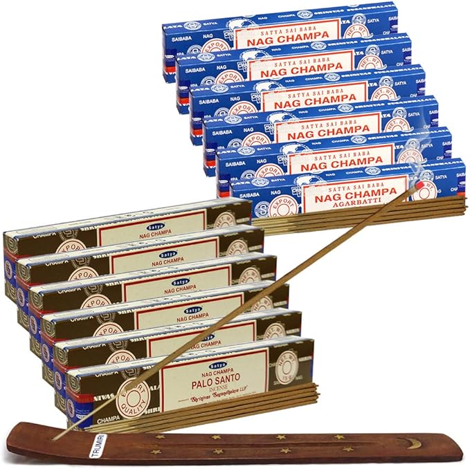 Nag Champa Incense Sticks and Palo Santo Incense Sticks with Incense Holder Bundle for Home Fragrance and Spiritual Décor TRUMIRI