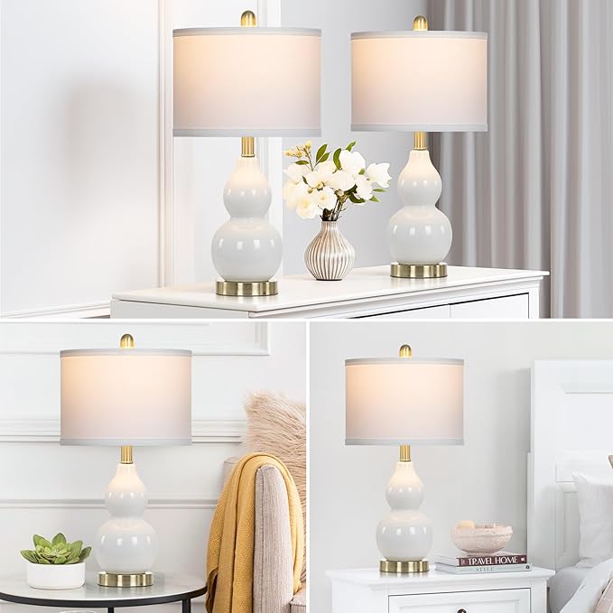 Double Gourd Ceramic Table Lamps Set of 2, Modern White Bedside Lamps for Night Stand, Contemporary Nightstand Lamps for Bedroom Living Room (Bulb Included) - Bloomnest