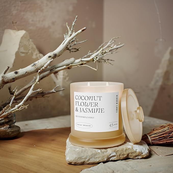 Hidden Label Coconut Flower & Jasmine Scented Candle | 2 Wick Large Candles for Home Scented 13oz 75Hour Long Lasting Slow Burning | Aromatherapy Candle for Home Decor, Stress Relief & Relaxation - Bloomnest