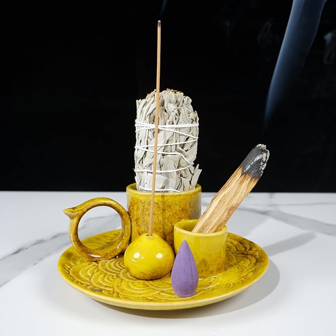5.1-Inch 5-in-1 Yellow Ceramic Incense Holder - Fits Palo Santo, Sage, Incense Sticks/Cones, Small Candle, Smudge Burning Tray.Zen Altar for Meditation/Yoga, Aromatic Scents, Matches Friendly - Bloomnest