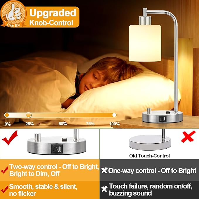 Lynnoland Set of 2 Industrial Table Lamps with USB C+A Ports and Outlet, Brushed Nickle Fully Stepless Dimmable Bedside Lamps, Nightstand Lamp with Opal Glass Shade for Reading Office (2 LED Bulb) - Bloomnest
