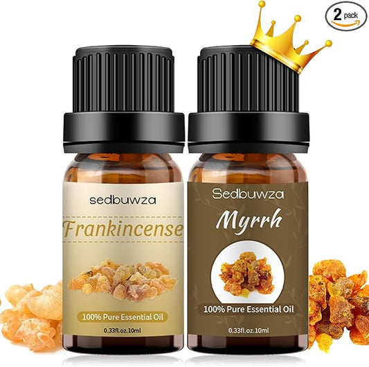 Sedbuwza Myrrh Frankincense Essential Oil Set, Myrrh Fragrance Oil Frankincense Scent Oil Set for Diffuser, Aromatherapy, Massage, Soap, Candle Making 2 x 10 ml Sedbuwza
