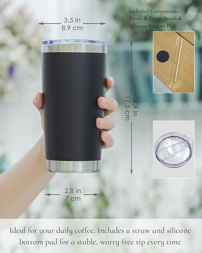 Travel Coffee Tumbler 20oz, 12 Pack Leakproof Travel Coffee Mug with Lid and Straw, Stainless Steel Double Wall Vacuum Insulated Tumbler for Hot/Iced Drinks (Textured Matte, Black) - Bloomnest