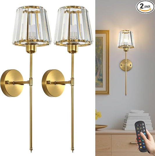 Battery Operated Crystal Wall Sconce Set of 2, Brushed Gold Wireless Wall Light with Remote Control, LED Dimmable 15 Colors USB Rechargeable Light Bulbs Wall Lamp for Bedroom Living Room Hallway - Bloomnest
