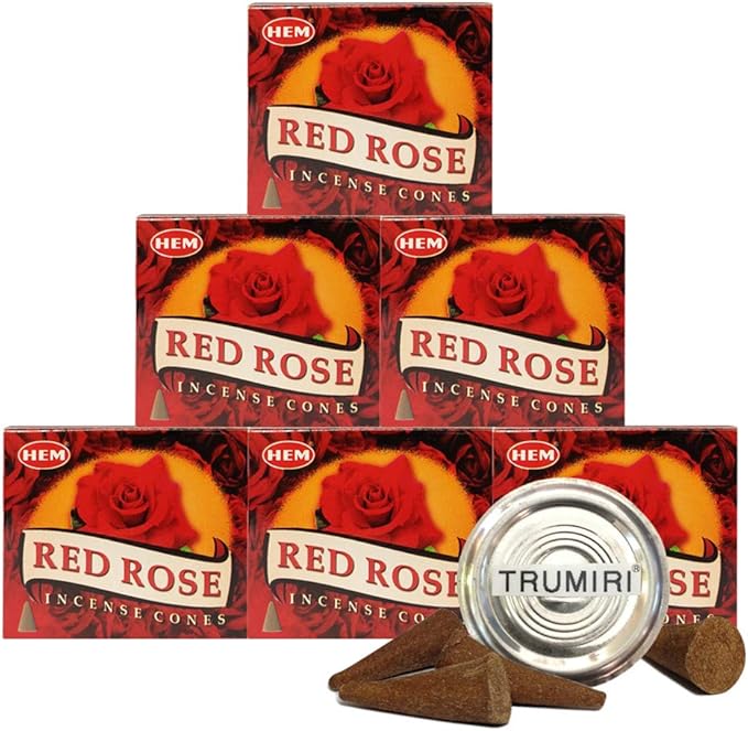 TRUMIRI Incense Cone Holder Bundle with Hem Red Rose Incense Cones - Pack of 6 (Approx 60 Cones) TRUMIRI