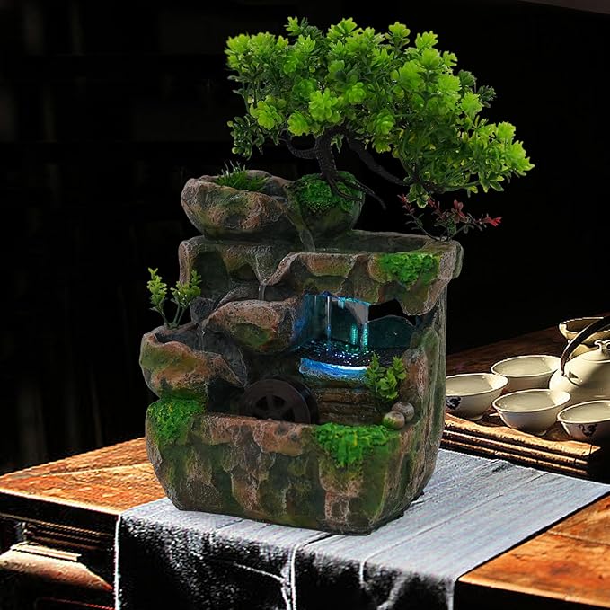 Indoor Water Fountain Humidifier Desktop Waterfall Bonsai Tabletop Fountains with Color LED Light Fake Mountain Bonsai Home Decoration Rockery Tree Plants for Home Office Bedroom (B) - Bloomnest