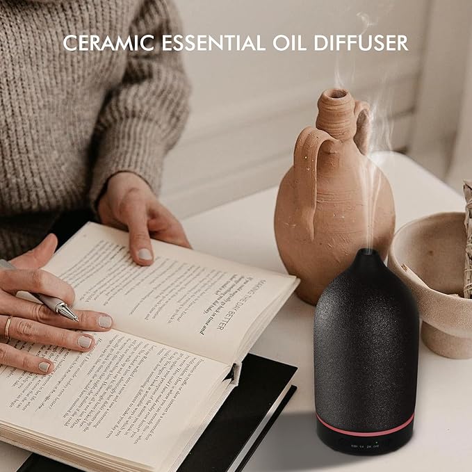 Essential Oil Diffuser Ceramic Diffuser - 150ml Aromatherapy Diffuser for Essential Oils with Timer and 7 Colors LED Light Ultrasonic Aroma Diffuser with Auto Shut-Off, Home Office Decor&Gift (Black) - Bloomnest