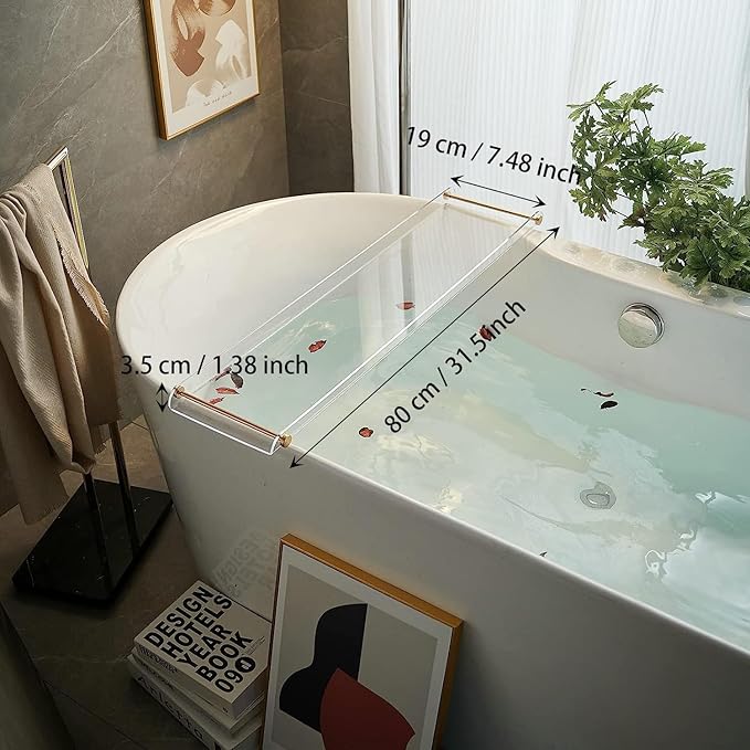 Bathtub Tray Clear Caddy Rack: Acrylic Tub Tray Shelf with Gold Rails to Hold Book Phone Candle Wine - Waterproof Bathtub Accessories, Luxury Gifts for Women - Bloomnest
