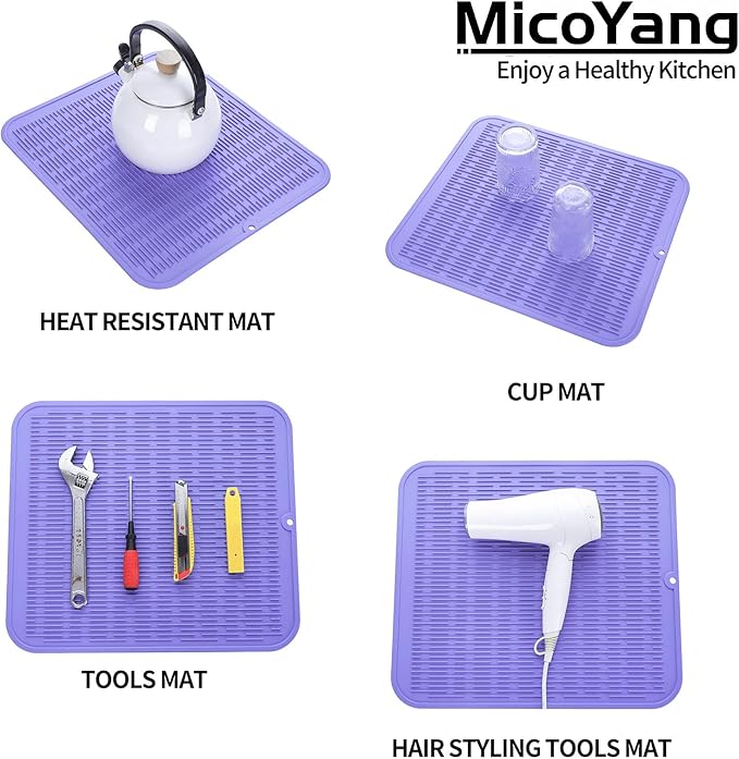 Silicone Dish Drying Mat for Multiple Usage,Easy clean,Eco-friendly,Heat-resistant Silicone Mat for Kitchen Counter or Sink,Refrigerator or Drawer Liner Light Purple XL 18 inches x 16 inches - Bloomnest