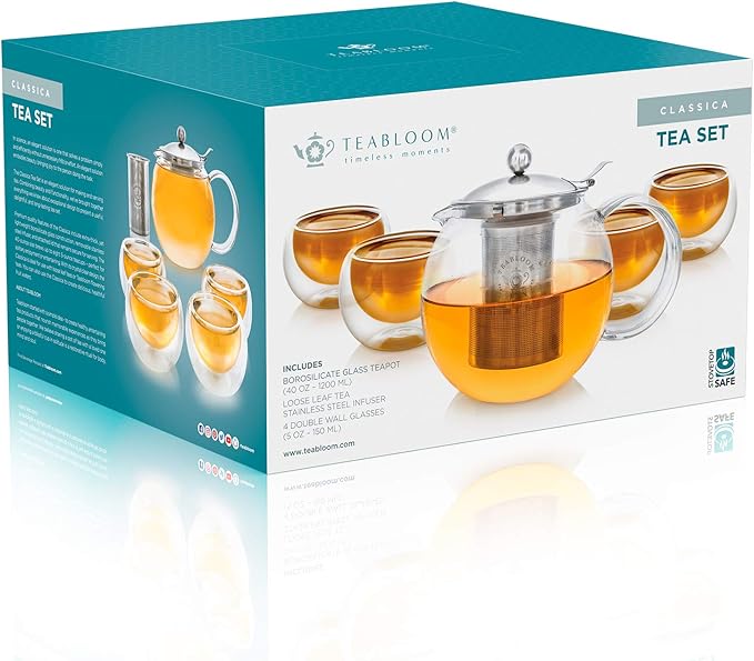 Teabloom Stovetop Safe Glass Teapot with Removable Infuser (40oz/1200ml) and Four Double Walled Glass Cups (5oz/150ml) - Classica Tea Set - Bloomnest