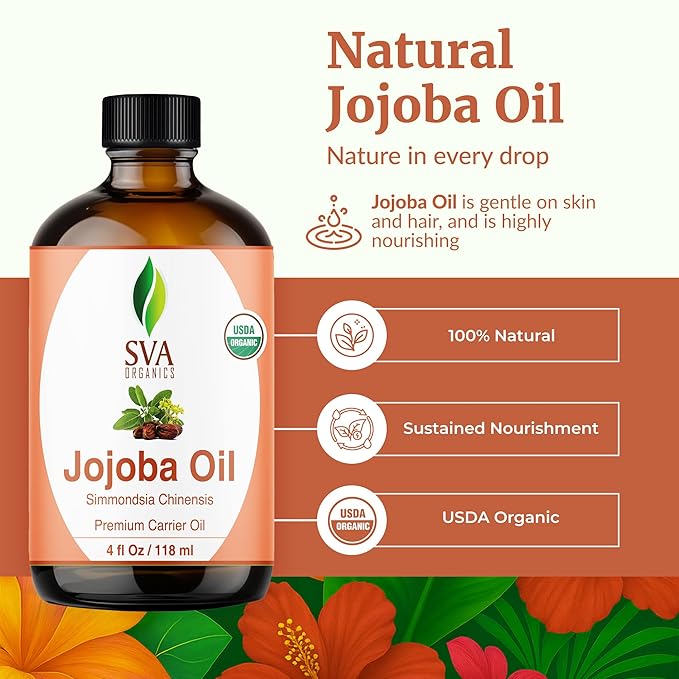 SVA Jojoba Seed Oil Organic - 4 Fl Oz – 100% Natural Cold Pressed Organic Jojoba Oil - for Face, Skin Care, Hair Care, Scalp Massage & Body Massage – Carrier Oil with Dropper - Bloomnest
