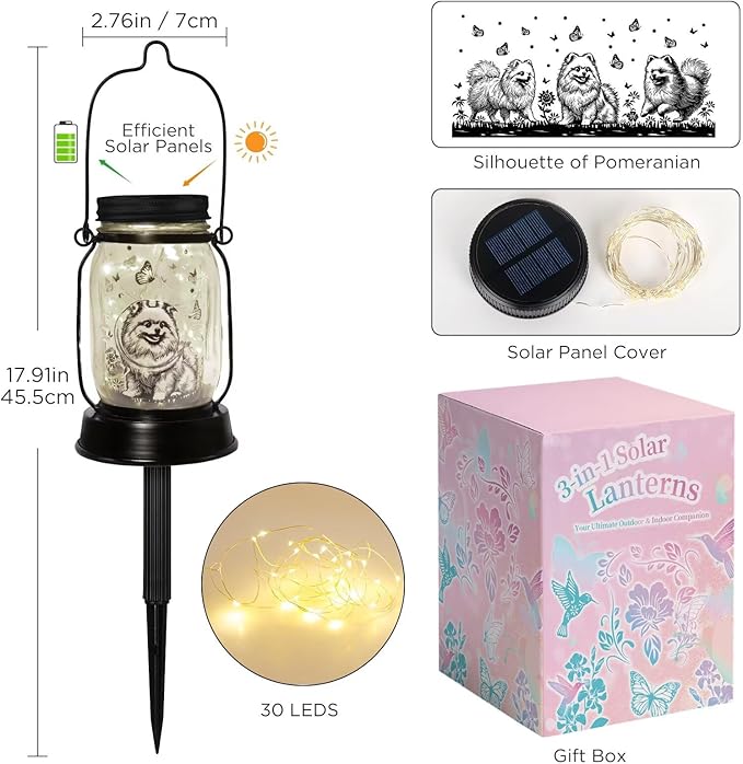 Pomeranian Gifts for Women/Men Pomeranian Solar Lanterns Dog Mom Birthday Dog Lovers Lantern Pet Loss Pet Memorial Lights Solar Garden Decoration for Yard, Patio,Backyard,Porch Torches - Bloomnest