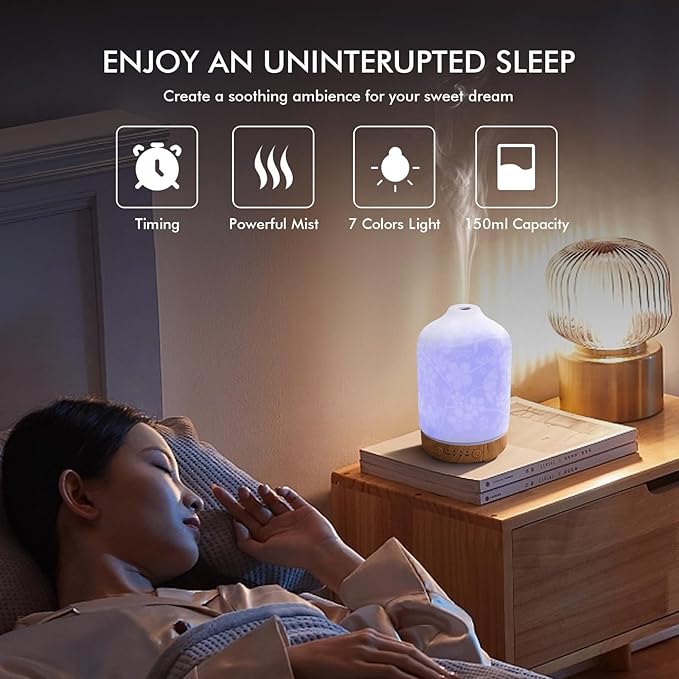 Aromatherapy Essential Oil Diffuser 150ml Ceramic Ultrasonic Aroma Oil Diffuser Humidifier Whisper Quiet Timer Setting 7 LED Colors Changing Lights for Home Office (Cherry Blossom) - Bloomnest