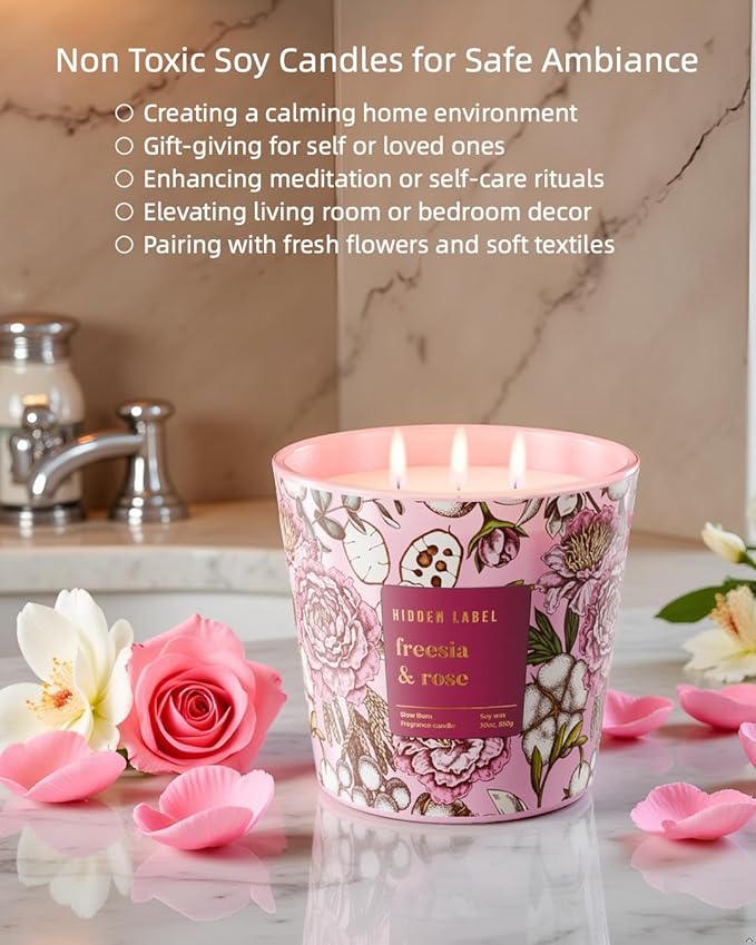 Giant Candle Freesia Rose Scented, 30oz Natural Non Toxic Soy Candles, 3 Wicks Aromatherapy Candles for Home Scented, Up to 100Hours Clean Burn,Long Lasting, Extra Large Jar Candles for Women - Bloomnest