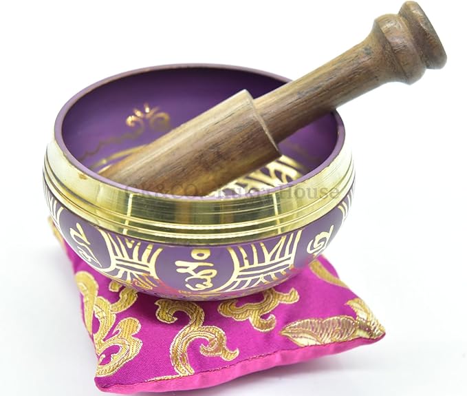 3.75" Tibetan Meditation Yoga Singing Bowl Green Set with free Wooden Mallet and Silk Cushion from Nepal, Singing bowls. (Purple) - Bloomnest