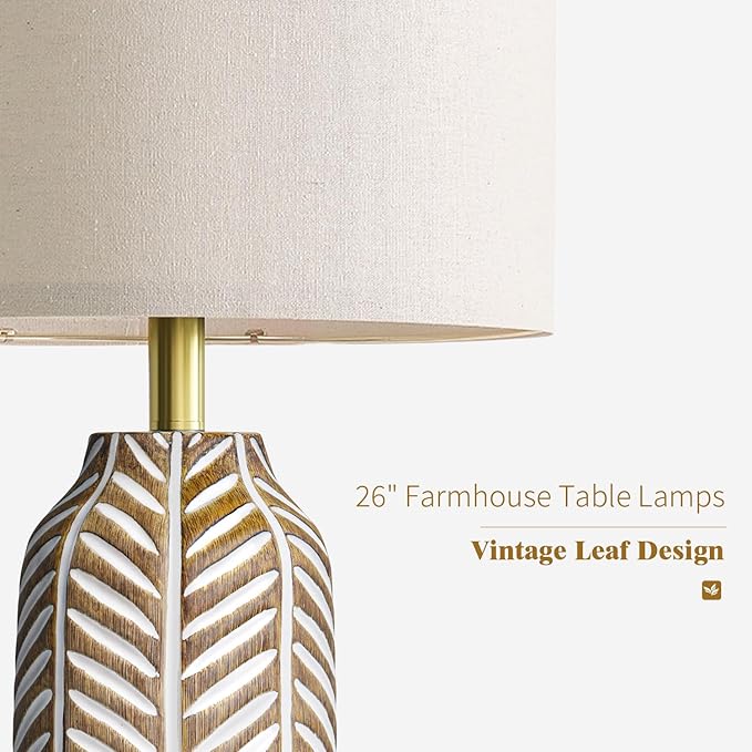 BOBOMOMO 26" Farmhouse Table Lamps Set of 2 - Vintage Leaf Design, Rustic Resin Nightstand Lamps for Bedroom, Living Room, Nursery, Hallway, Elegant Living Room Lamps with Linen Shades Antique Brown - Bloomnest