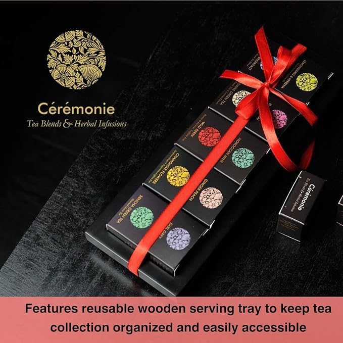 Ceremonie Tea Herbal Variety Pack - Kosher Set with Reusable Wooden Tray - Assorted Sampler With 10 Individually Wrapped Silky Mesh Bags - Single Serve Pouches - Bloomnest
