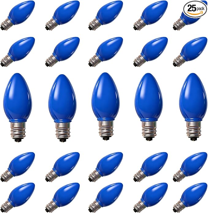 25 Pack C7 LED Blue Replacement Light Bulbs, C7 Vintage Blue Ceramic LED Bulbs for Christmas Outdoor String Lights, E12 Candelabra Base, 0.6 Watt, Saving Energy LED Bulbs - Bloomnest