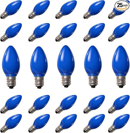 25 Pack C7 LED Blue Replacement Light Bulbs, C7 Vintage Blue Ceramic LED Bulbs for Christmas Outdoor String Lights, E12 Candelabra Base, 0.6 Watt, Saving Energy LED Bulbs - Bloomnest