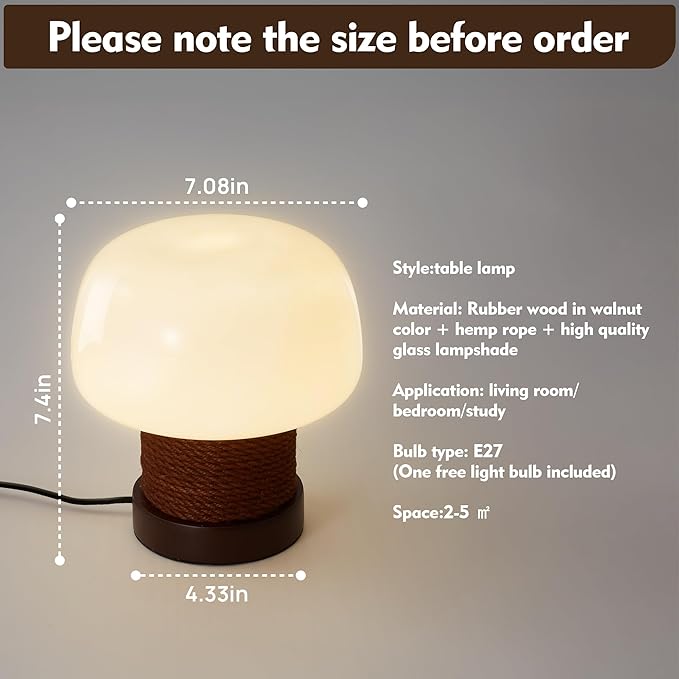 Small Table Lamp for Bedroom-Wooden Base Mushroom Table Lamps,Milky White Glass Shade,Three Adjustable Color Temperatures Modern Cute Unique Side Table and Desk Lighting(H 7.4 in) - Bloomnest