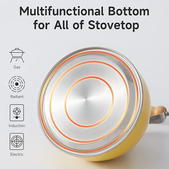 ROCKURWOK Tea Kettle, Tea Pot with Cool Touch Ergonomic Handle, Teapot Food Grade Stainless Steel, Tea Kettle Stovetop, Kettle Teapot, Whistling Tea Kettle, Tea Pot, 2.7 Quart (Yellow) - Bloomnest