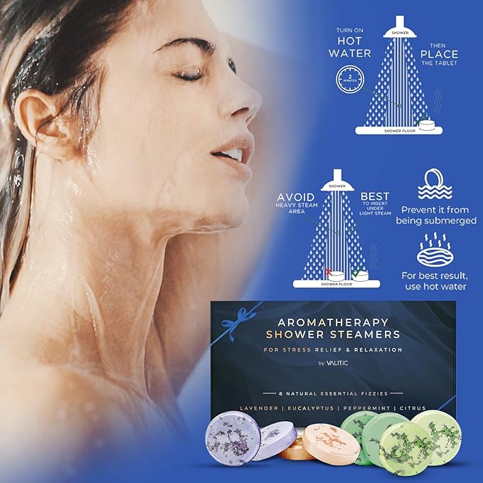 Valitic Aromatherapy Shower Steamers for Stress Relief and Relaxation - Gifts for Women Mom Birthday 8 Natural Essential Fizzies Shower Bombs - 4 Scents - Lavender, Eucalyptus, Citrus, and Peppermint - Bloomnest