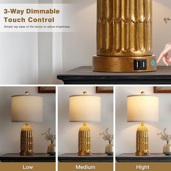 Table Lamps for Bedroom Set of 2, Farmhouse 3-Way Dimmable Touch Nightstand Lamp with 2 USB Charging Ports, Vintage Rustic Traditional Bedside Lamp for Living Room End Table - Bloomnest