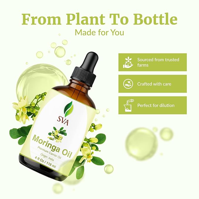 SVA Moringa Seed Oil - 4 Fl Oz – 100% Natural Cold Pressed Moringa Oil - for Face, Skin Care, Hair Care, Scalp Massage & Body Massage – Carrier Oil with Dropper - Bloomnest
