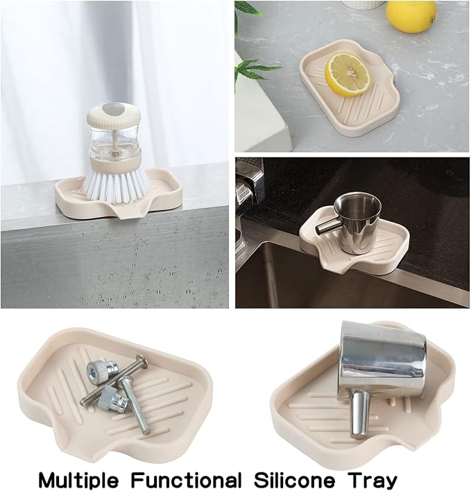 Silicone Bathroom Soap Dishes with Drain Spout-Bathroom and Kitchen Sink Organizer,Sponge Holder,Dish Soap Tray,Perfect for Dispenser,Scrubber,Bottle,Cup on Sink or Counter-Tapioca 4.9"×3.2" - Bloomnest