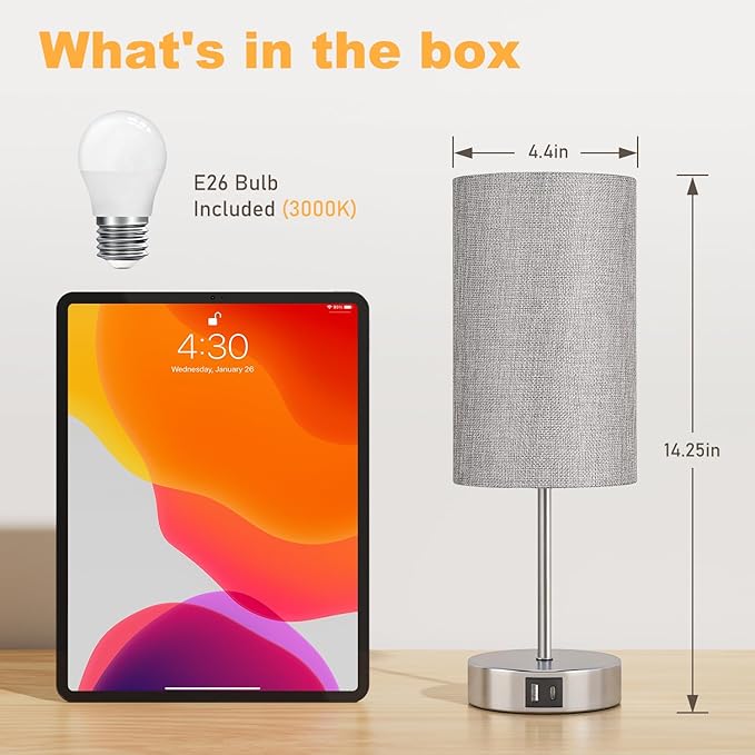 AKASUKI Table Lamp for Bedroom, 3 Way Dimmable Touch Lamp with Dual Charging Station, Small Bedside Lamps for Night Stands, Living Room, Office(LED Bulb Included) - Bloomnest