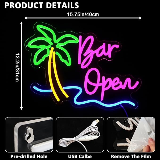 Bar Open Sign for Business, Neon Open Sign, USB Dimmable Palm Tree Neon Lights for Beer Bar Coffee Cafe Home Pub Man Cave Stores Hotel Party Window Wall Decor Restaurant - Bloomnest