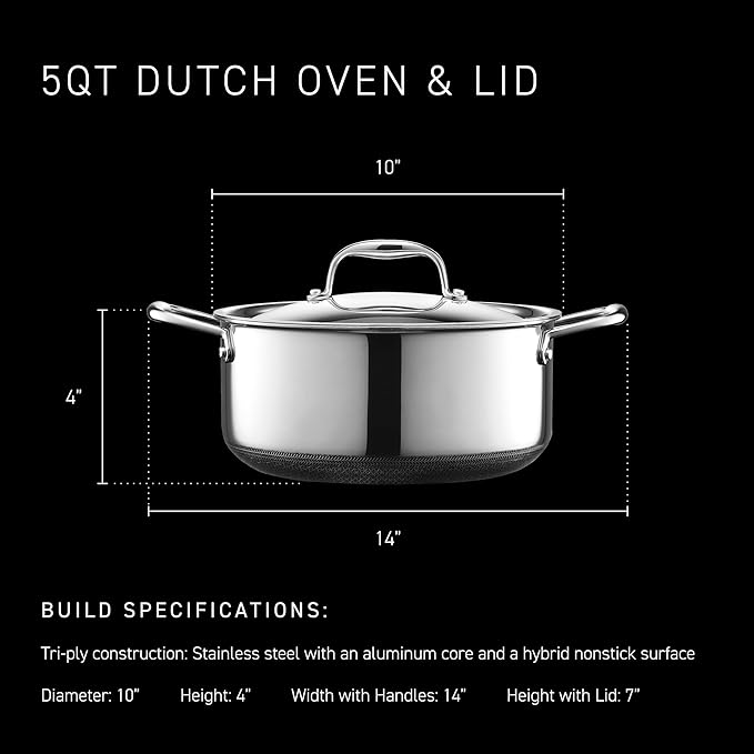 HexClad Hybrid Nonstick 5-Quart Dutch Oven with Stainless Steel Lid, Stay-Cool Handles, Dishwasher-Friendly, Oven-Safe Up to 900°F, Induction Ready, Compatible with All Cooktops - Bloomnest