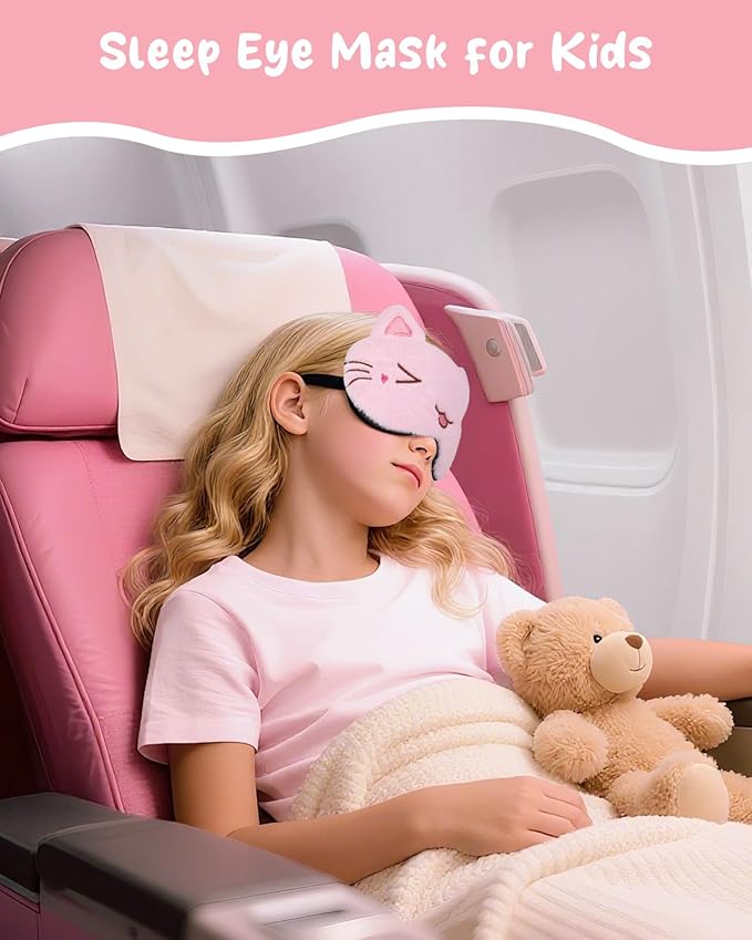 Sleep Mask for Kids - Cute Cartoon Plush Fuffy Sleeping Eye Cover Cat Kawaii Soft Eyeshade with Adjustable Strap Animal Eye Blindfold for Kids Girls Boys Teens - Bloomnest