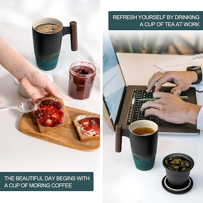 suyika Ceramic Tea Cup with Infuser and Lid Tea Mugs Wooden Handle 400ml/13.5oz Dark Green