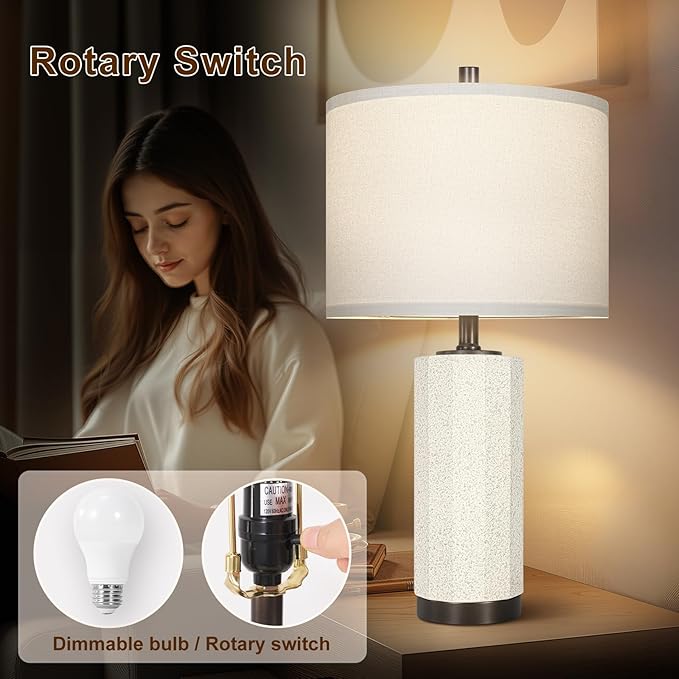 Scenekoy 23” Table Lamp Set of 2 for Bedroom Living Room, Rotary Switch Ceramic Bedside Lamp with White Linen Shade, Dimmable Nightstand Lamps for Room Office Hotel Dorm (Bulb Included) - Bloomnest