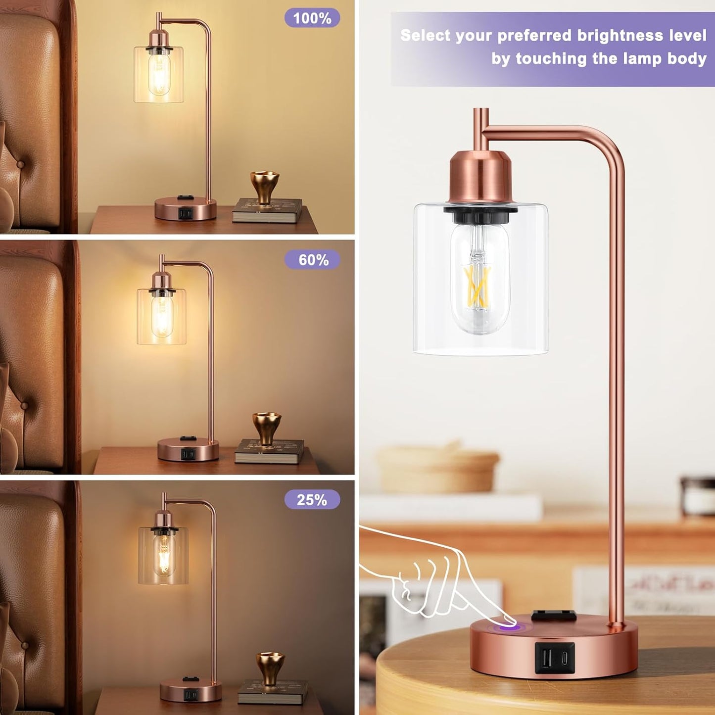 Innqoo Industrial Touch Table Lamps for Bedrooms Set of 2-3-Way Dimmable Lamps with USB C+A Ports and Outlet, Copper Bedside Lamps with Clear Glass Shade for Living Room, Desk Lamps for Home Office