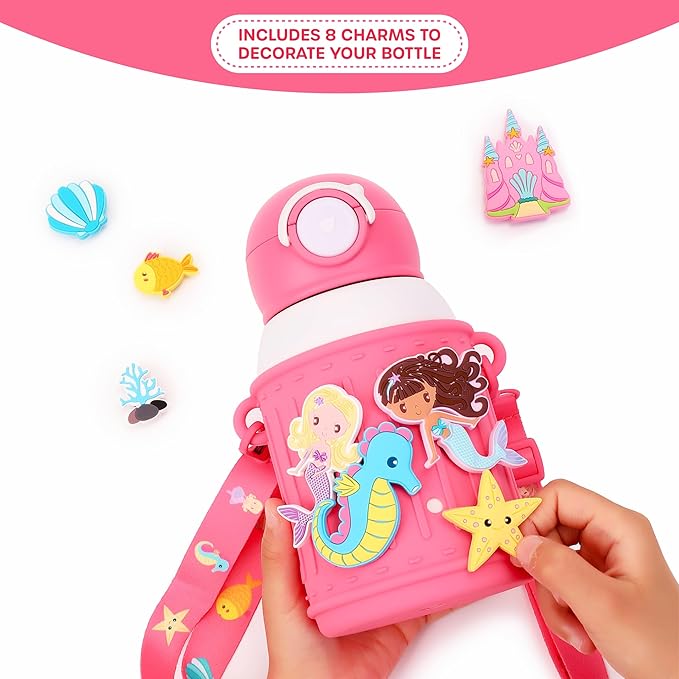 Kids Insulated Tumbler Set – 16oz Stainless Steel Water Bottle with Straw & Pour Lids, Screw-On Cup, Adjustable Strap, Silicone Sleeve & Charms – Leakproof BPA-Free Bottle for Boys & Girls - Bloomnest