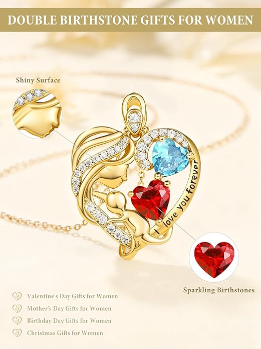 14K Gold Double Birthstone Heart Necklace for Women Mom, Mother Son/Daughter Pendant Necklace for Christmas Mother's Day Birthday Gifts for Wife Daughter Grandmom - Bloomnest