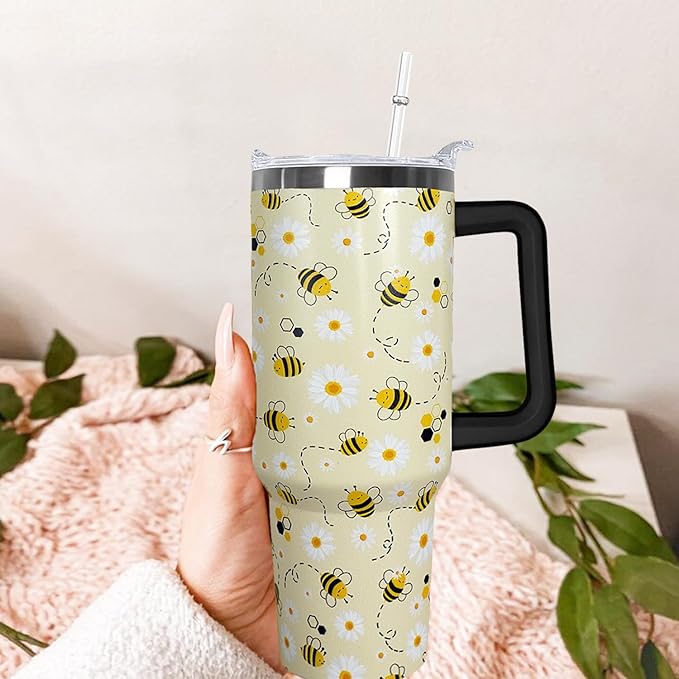 Ceovfoi Bee Gifts, 40oz Tumbler With Handle, Lid and Straw - Queen Coffee Mug, Skinny Water Bottle - Honey Themed Gifts for Women, Daisy Flowers Decor - Bloomnest