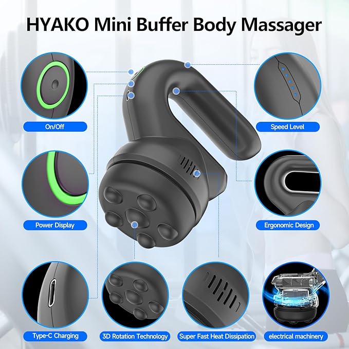 HYAKO Handheld Professional Mini Orbital Buffer Relief Massager, Adjustable Multi-Speed Vibration Deep Tissue Body Chiropractic Massager for Neck, Shoulder, Leg,Back muscle pain relief massage therapy - Bloomnest