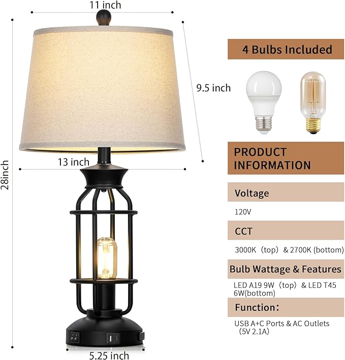 28" Vintage Table Lamps with USB C+A Ports & AC Outlet, Industrial Farmhouse Table Lamp Set of 2, Black Modern Nightstand Beside Lamps with 2 Night Light for Living Room Bedroom(4 LED Bulbs Included) - Bloomnest