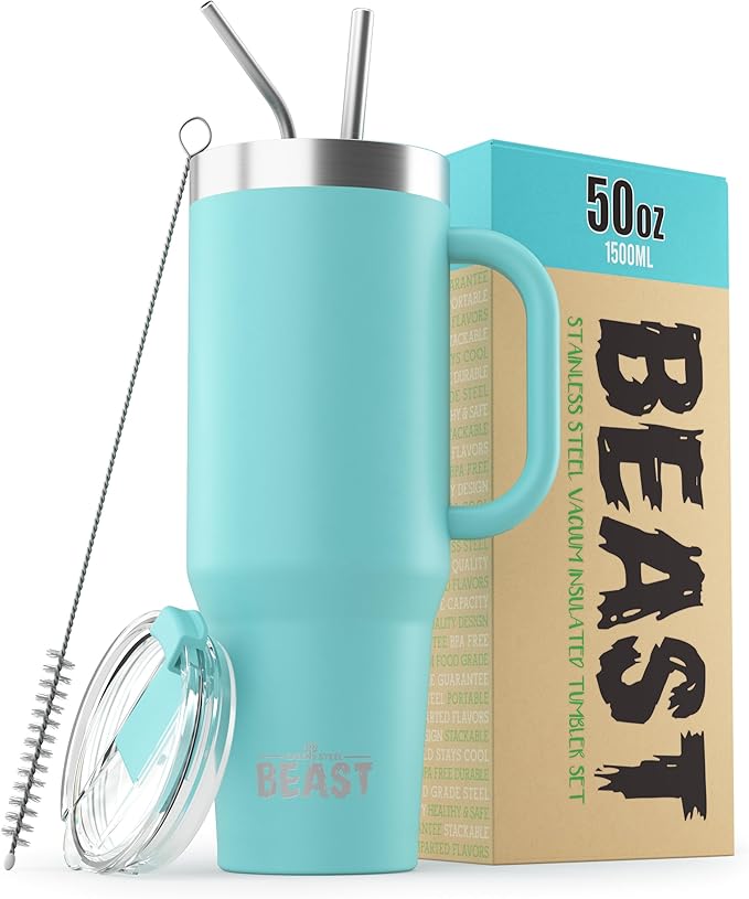 Beast 50 oz Tumbler Stainless Steel Vacuum Insulated Coffee Ice Cup Double Wall Travel Flask (Aqua Blue) - Bloomnest