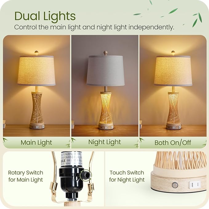 24.4”Farmhouse Rattan Table Lamps Set of 2, Touch Bedside Lamps for Bedroom with Dimmable Night Light, USB A+C Ports, Bamboo Boho Nightstand Lamp with Cream Linen Shade, C04TL05 - Bloomnest
