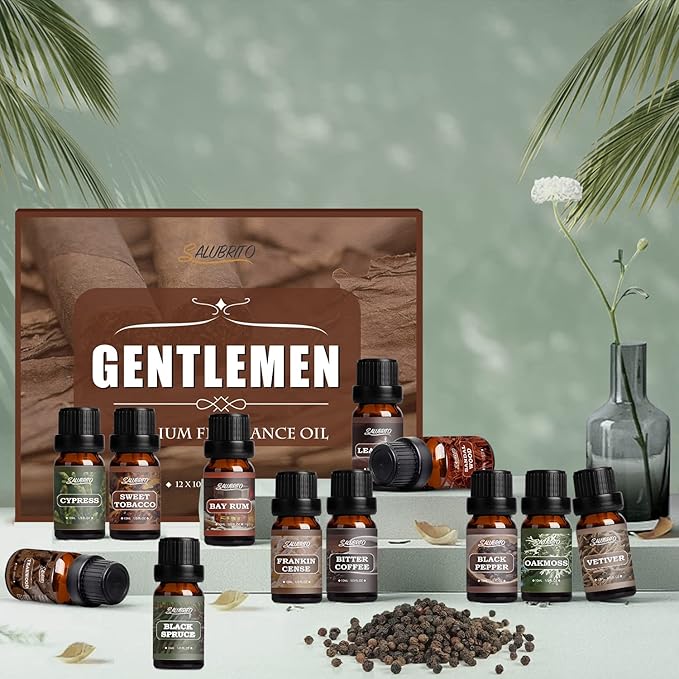 SALUBRITO Gentlement Fragrance Oils Set, Wood Essential Oils Set for Diffuser, Candle, Soap Making, Strong Scented Oil, Sandalwood, Frankincense and More - Bloomnest