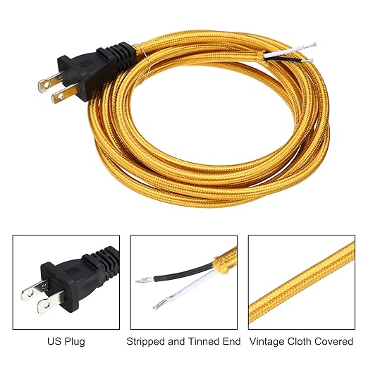 uxcell 8Ft 18/2 Cloth Covered Lamp Cord with Plug, Vintage Electrical Lamp Cord with Stripped Ends for Extension Wiring DIY Repairing, Golden