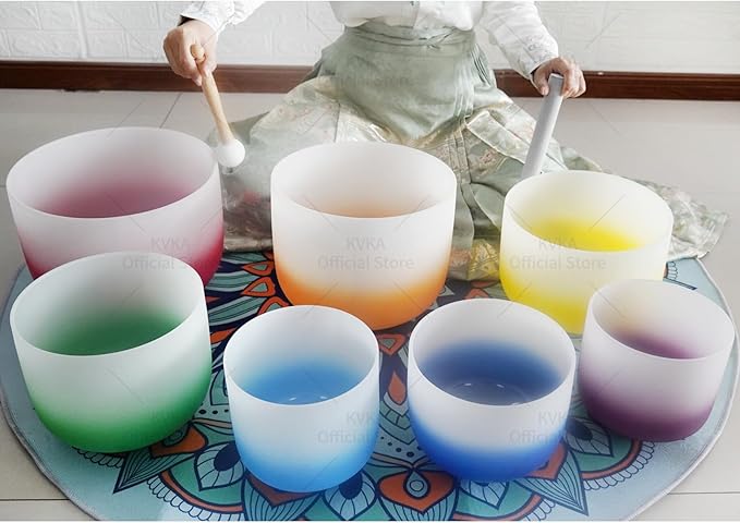 KVKA 432Hz 6-12" Set of 7 pcs Aria Colored Quartz Crystal Singing Bowl Sound Healing Tuned Bell with Carrying Case